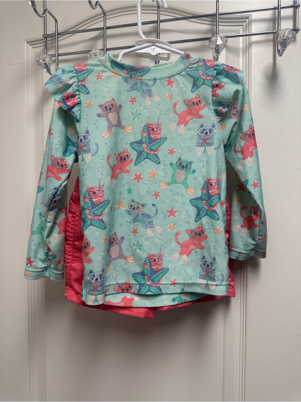 Mint Green Girls Swim Top & bottoms with Coral & Teal kitty cat Sea Creatures